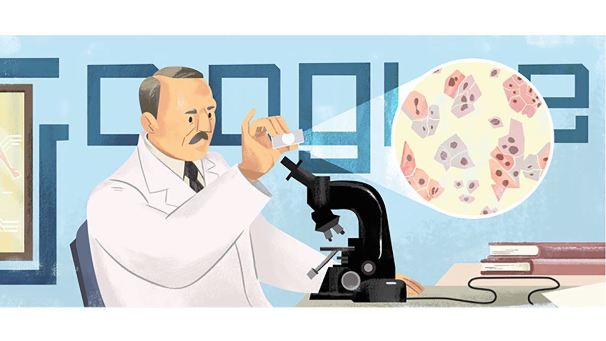 a google doodle of a doctor looking into a medical device